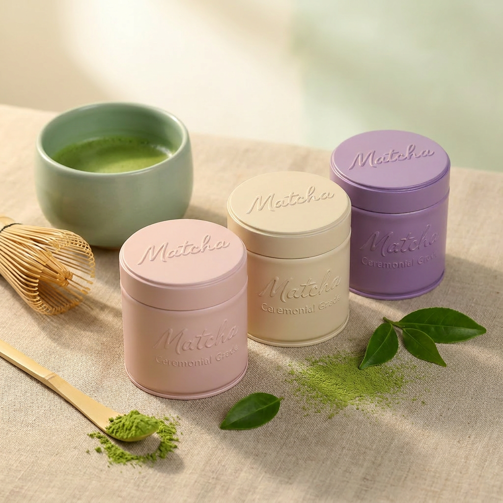 embossed lid pink matcha tin can