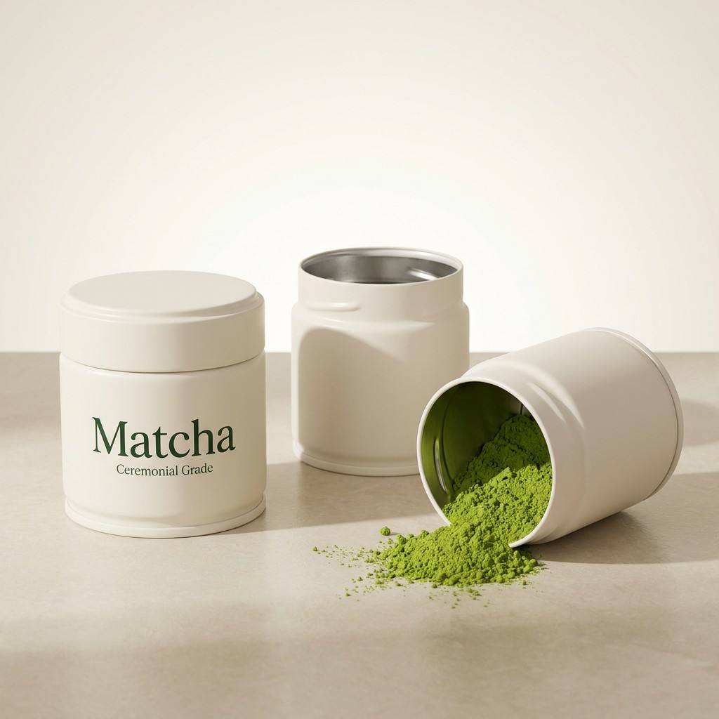 Cream white matcha tin canister
