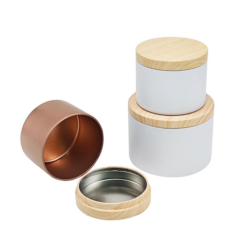 faux wood lid metal candle container